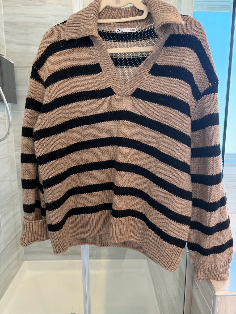 Zara Black and Tan Striped V-Neck Collared Sweater